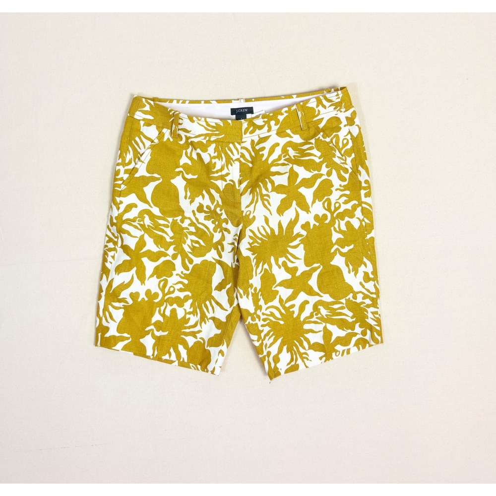 J. Crew City Fit 100% Linen Yellow Floral Mid Rise Bermuda Shorts Size 6 Resort